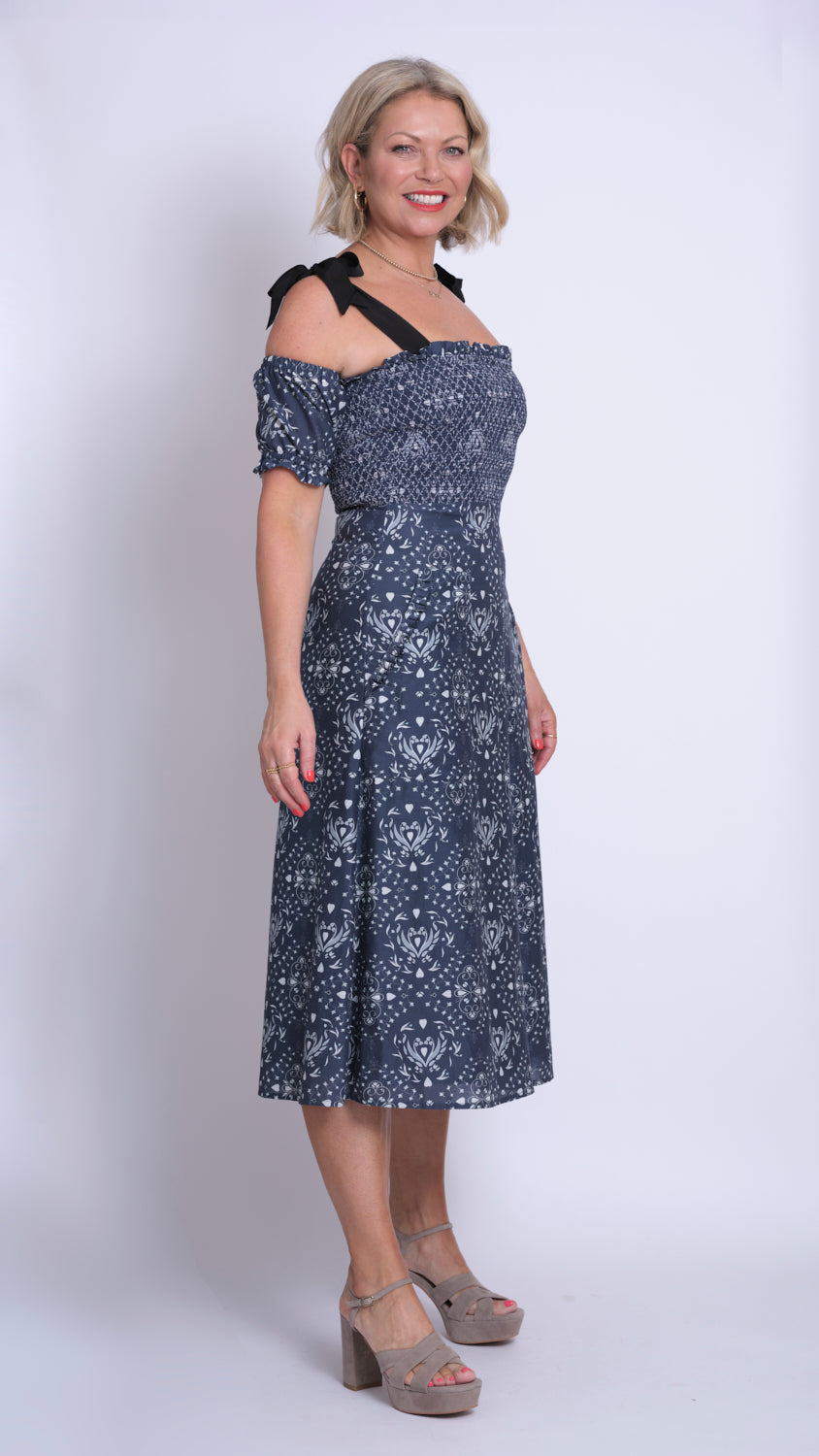 Bobbina Cotton Silk Heartwood-Print Strappy Dress
