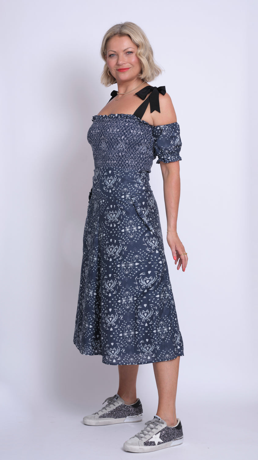 Bobbina Cotton Silk Heartwood-Print Strappy Dress