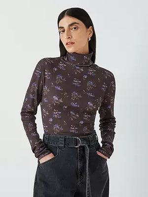 Printed Cotton Jersey Polo-Neck Harper Long-Sleeve Top
