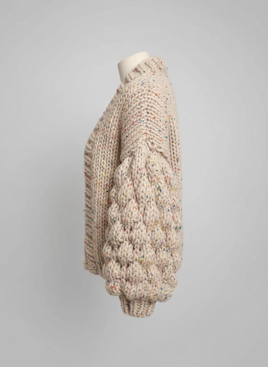 Beige Chunky Hand-Knit Cardigan