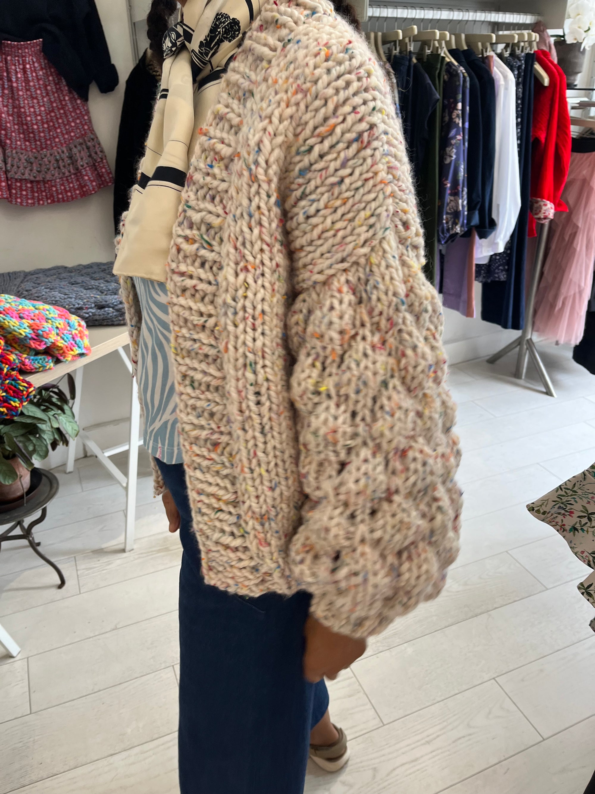 Beige Chunky Hand-Knit Cardigan