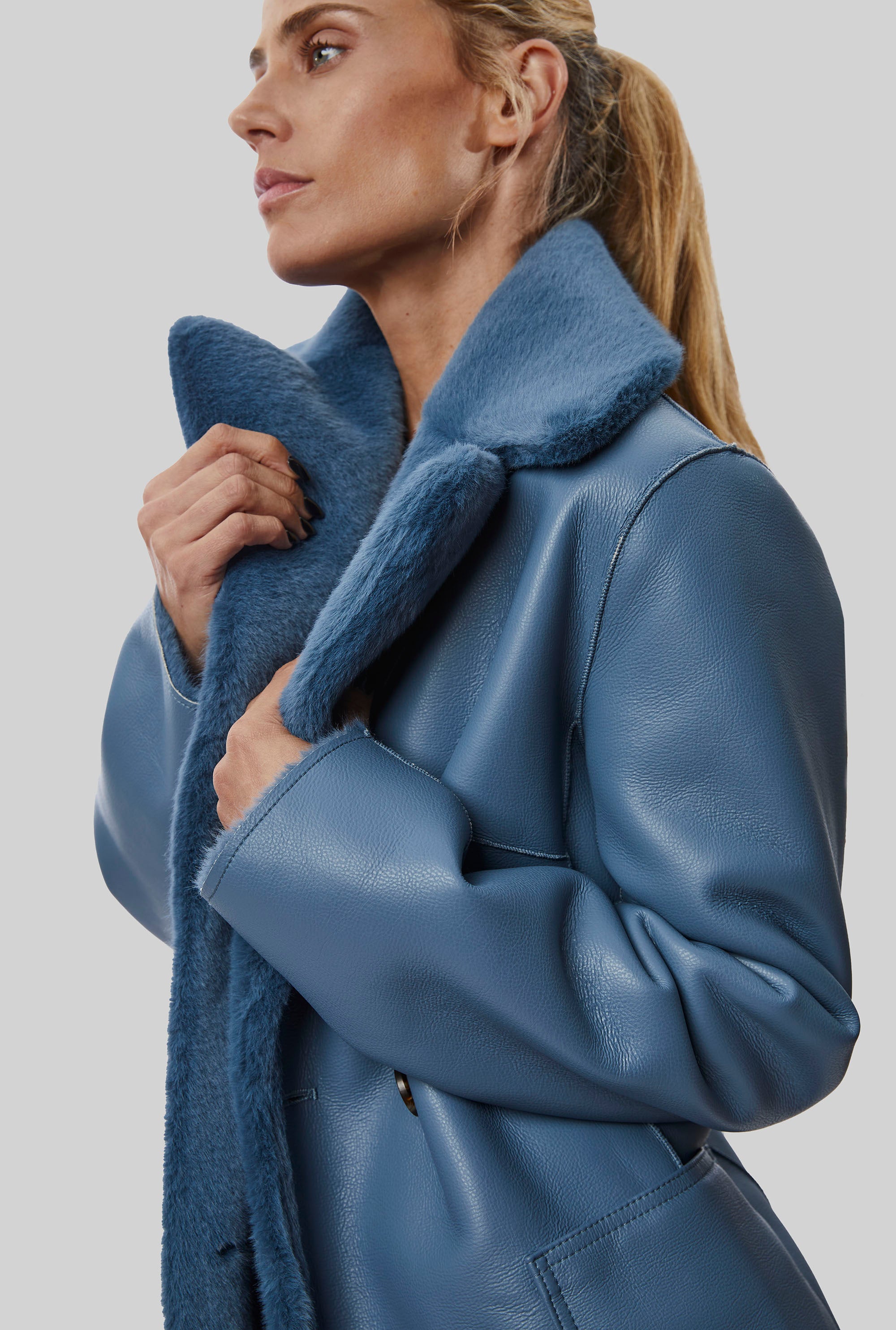Reversible Blue Faux-Leather Fur Coat
