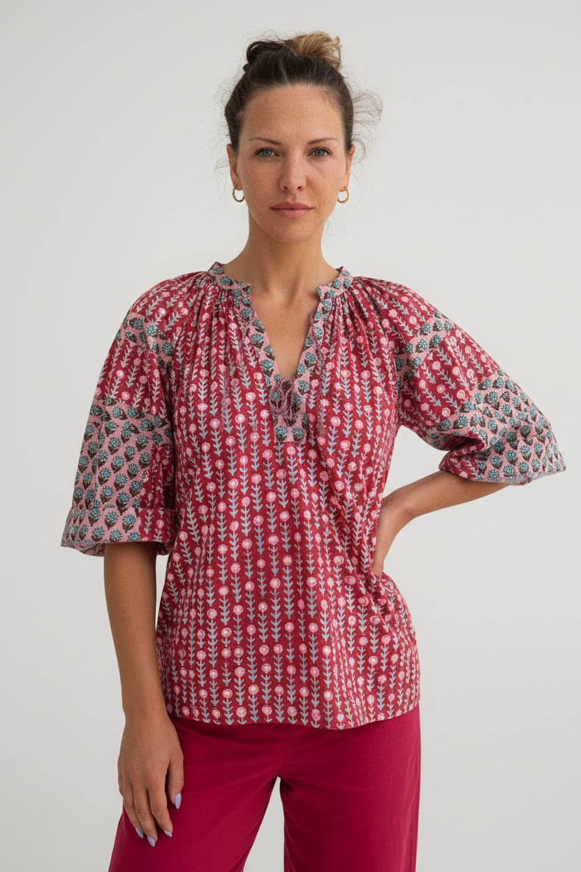 Anna Top In Pink & Red Mix Print - PRESS Primrose Hill