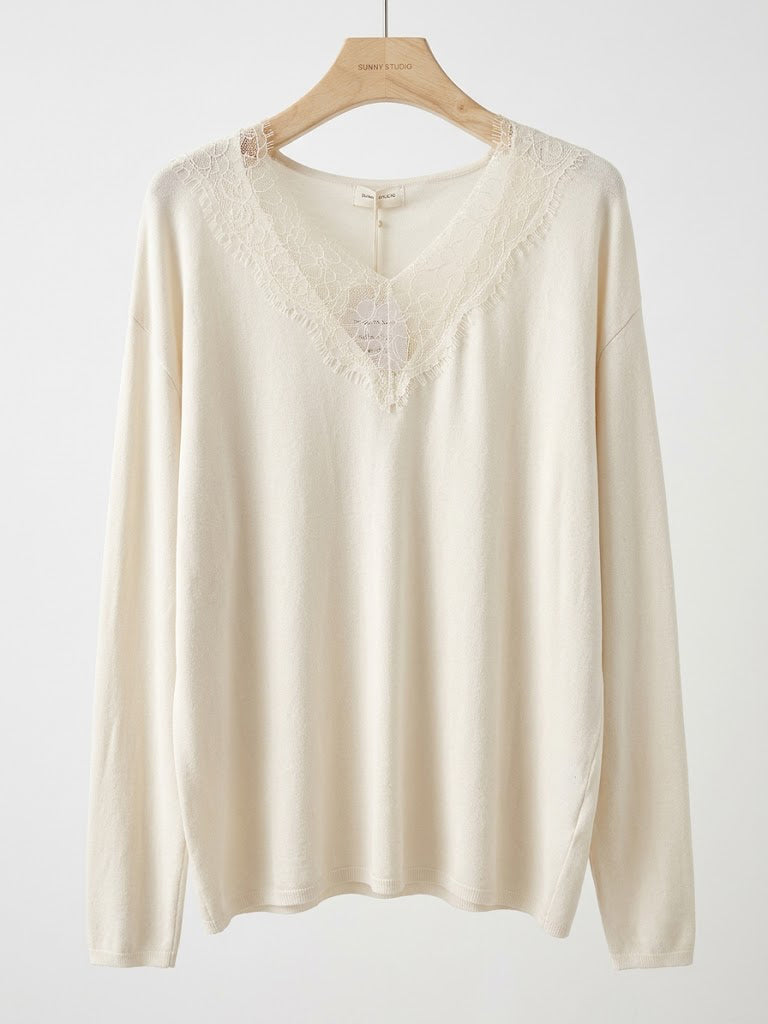 Leonie Ecru V-Neck Sweater With Lace Trim
