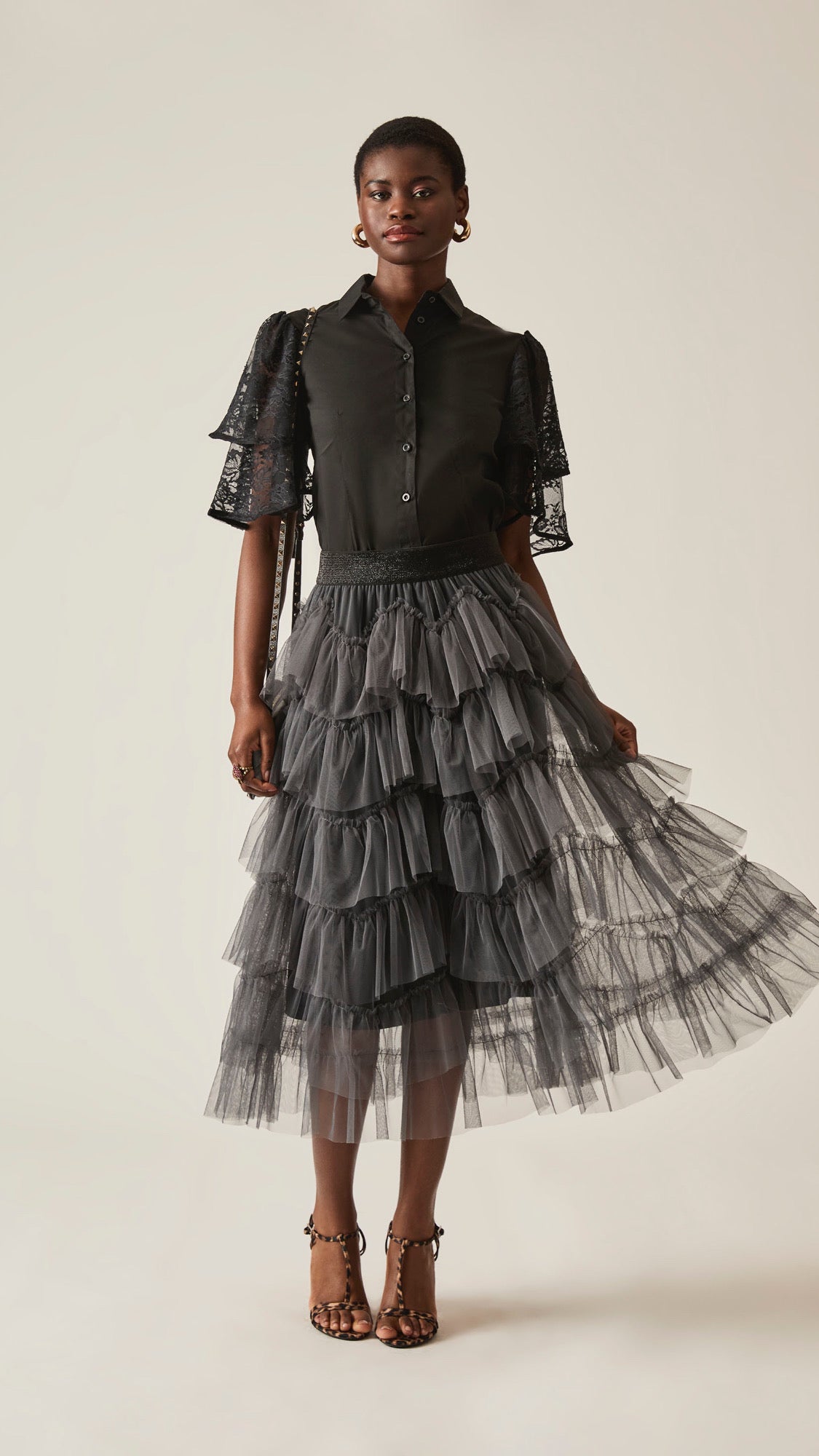 Grey Organza Tiered Carrie Skirt