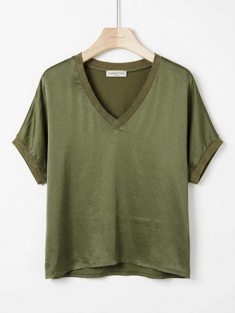 Metallic-Trim Satin V-Neck Top