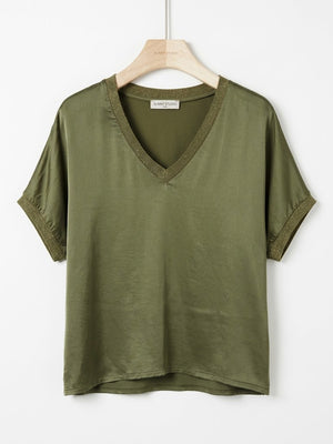 Metallic-Trim Satin V-Neck Top