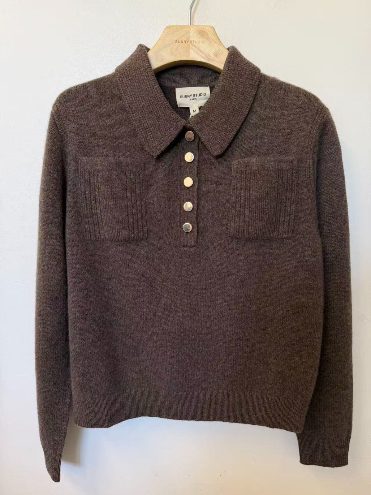 MEJA Wool Brown Pullover Gold Button Placket