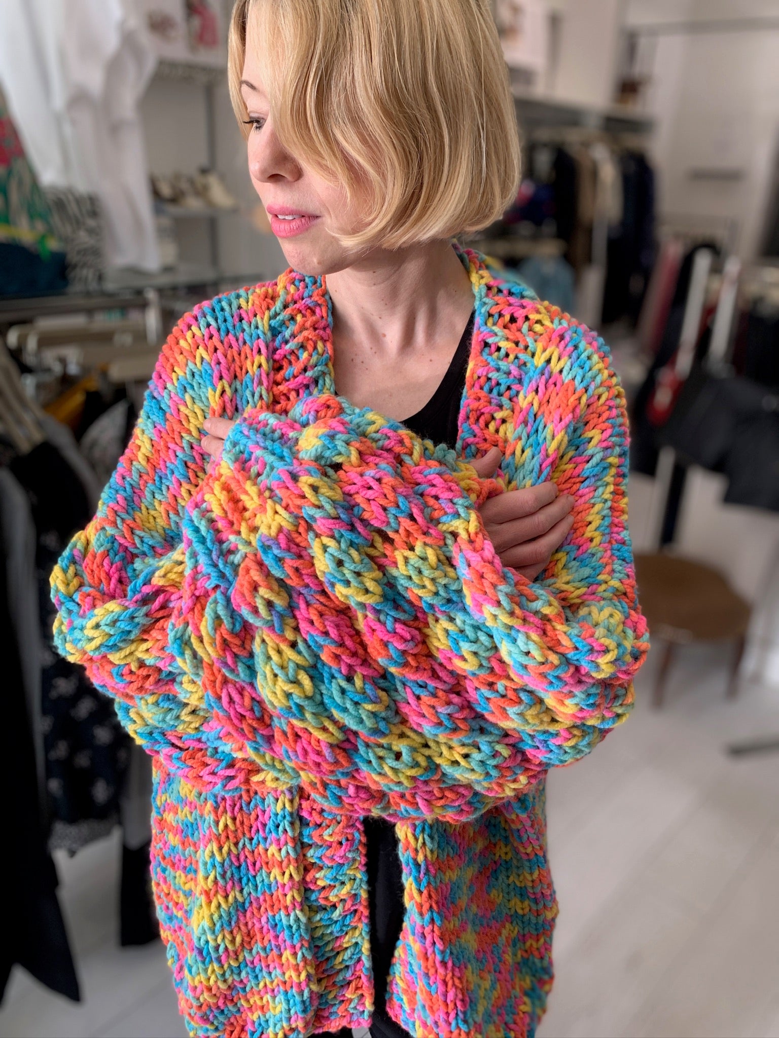 Bright Chunky Hand-Knit Cardigan