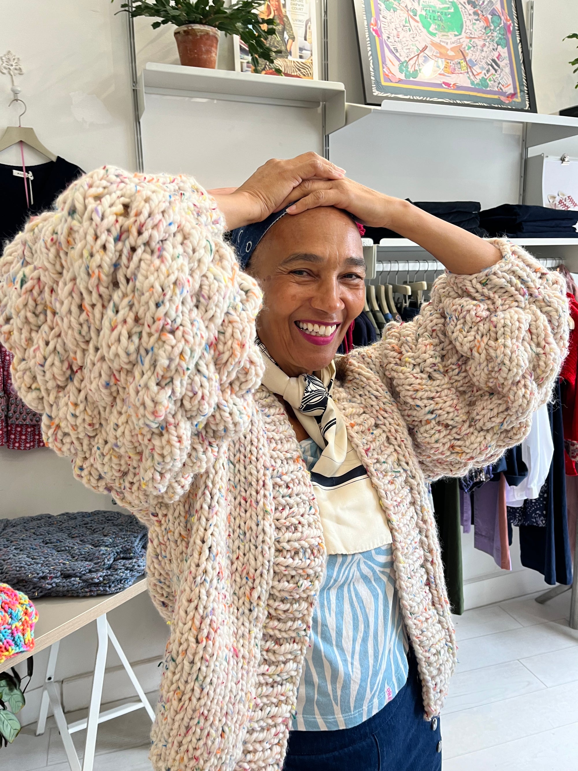 Beige Chunky Hand-Knit Cardigan