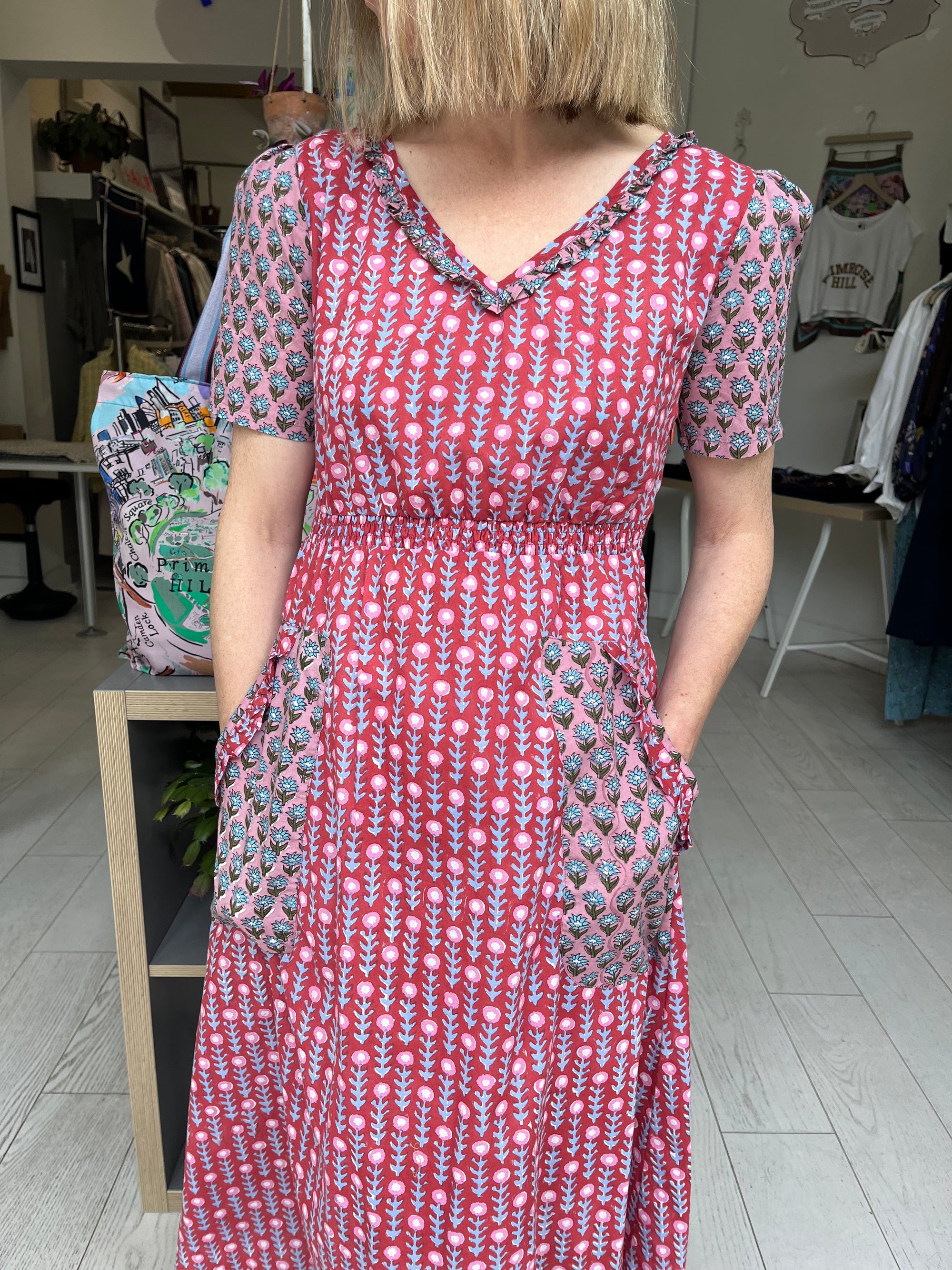 Maria Midi Dress In Red & Pink Woodblock Print