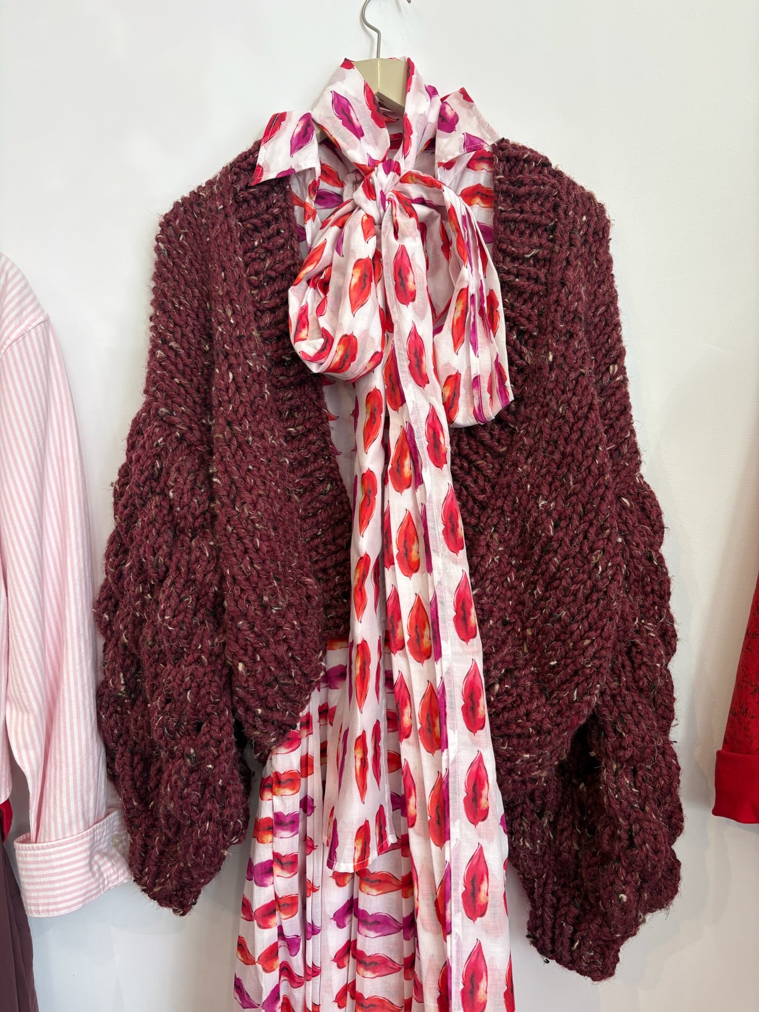 Burgundy-Fleck Bubble Hand-Knit Cardigan