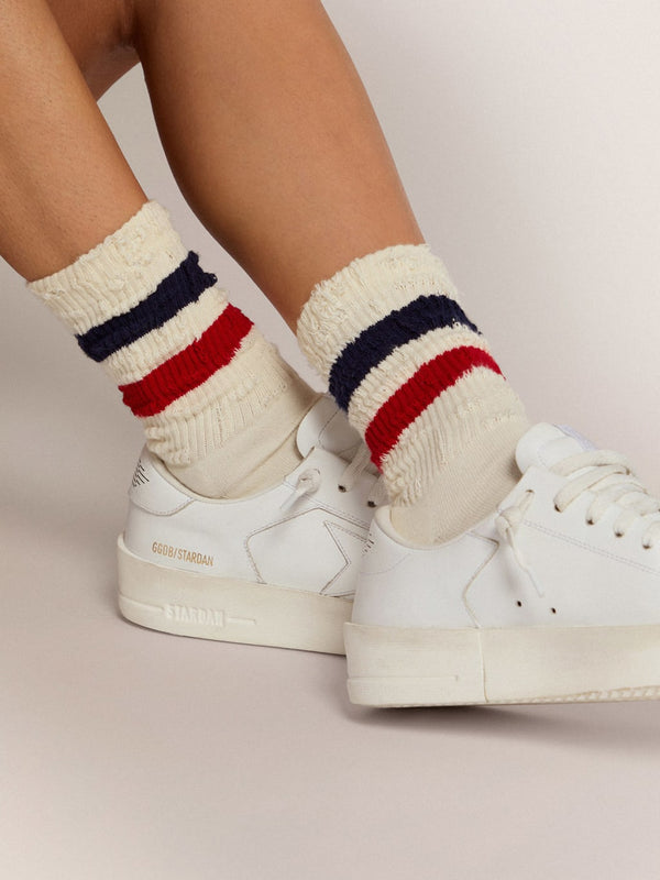 Vintage-style white socks with distressed details and two-tone