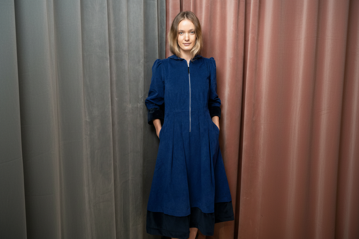 Longer Blue Pincord & Velvet Sonnet Dress