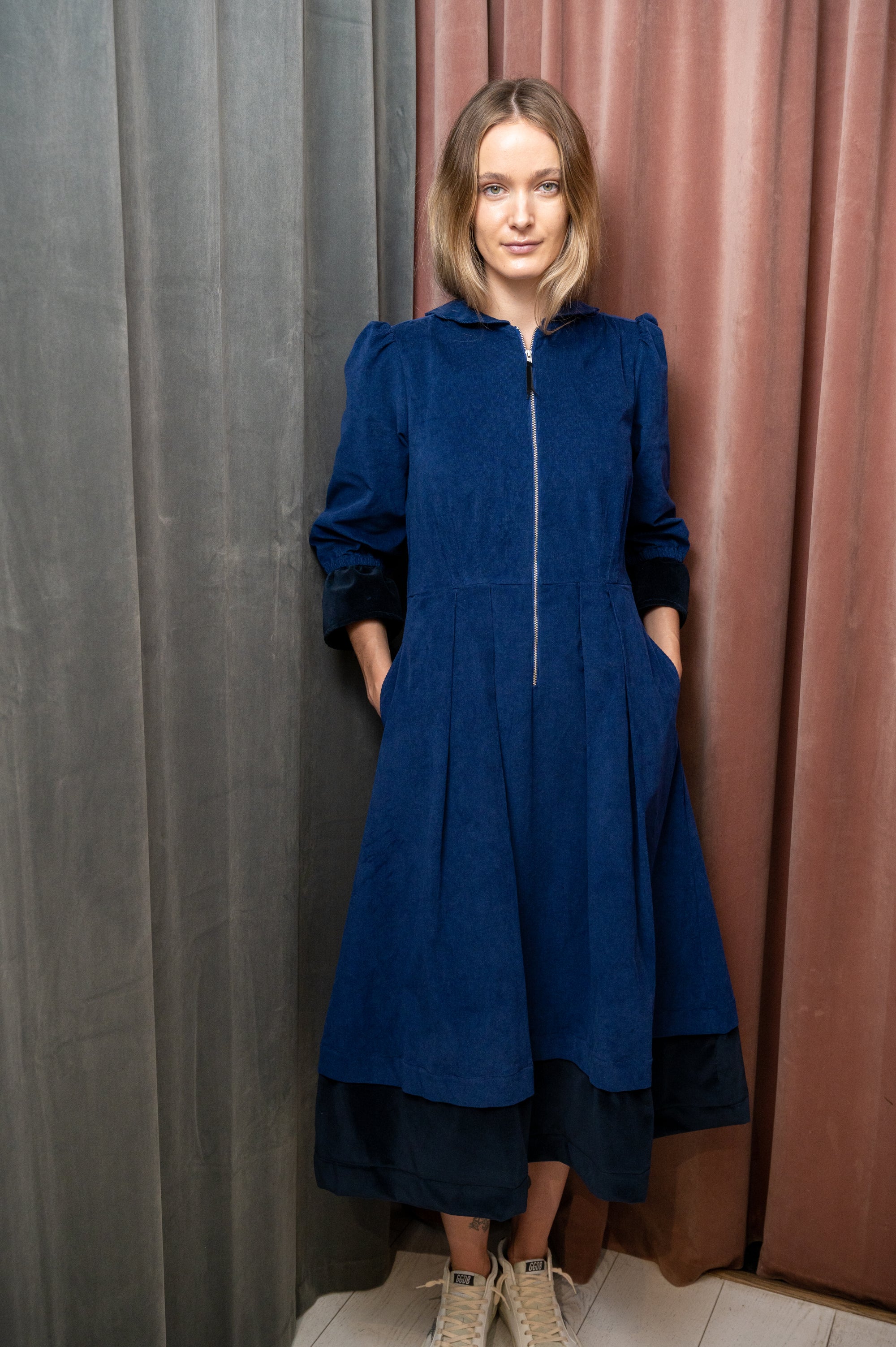 Longer Blue Pincord & Velvet Sonnet Dress