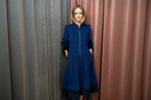 Longer Blue Pincord & Velvet Sonnet Dress
