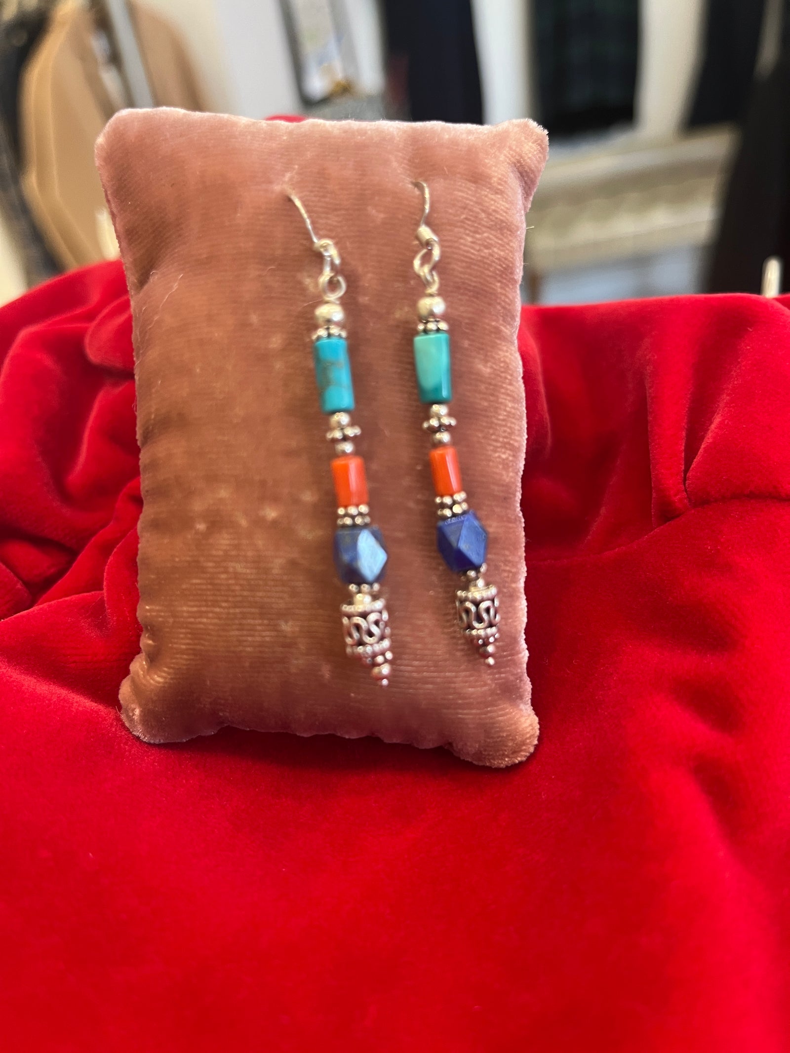 Silver Coral Turq Dangle Earrings