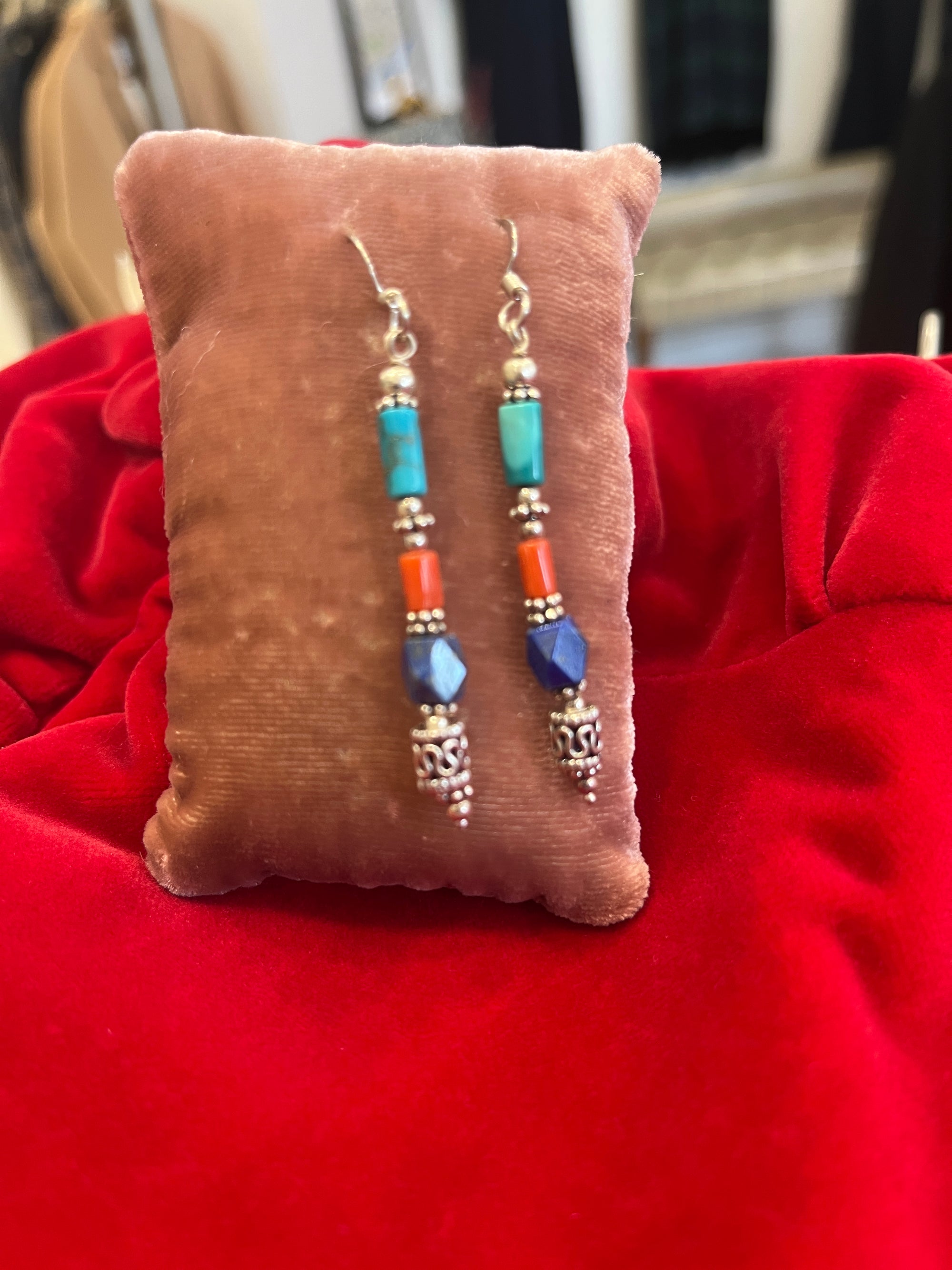 Silver Coral Turq Dangle Earrings