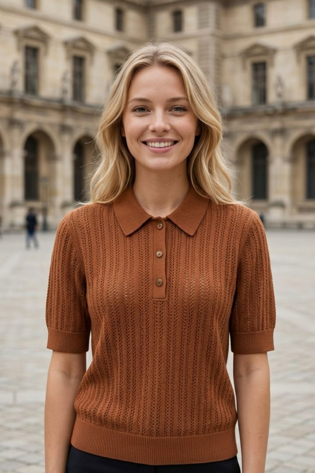 Aria Knitted Polo Top | Caramel | Navy | Ecru