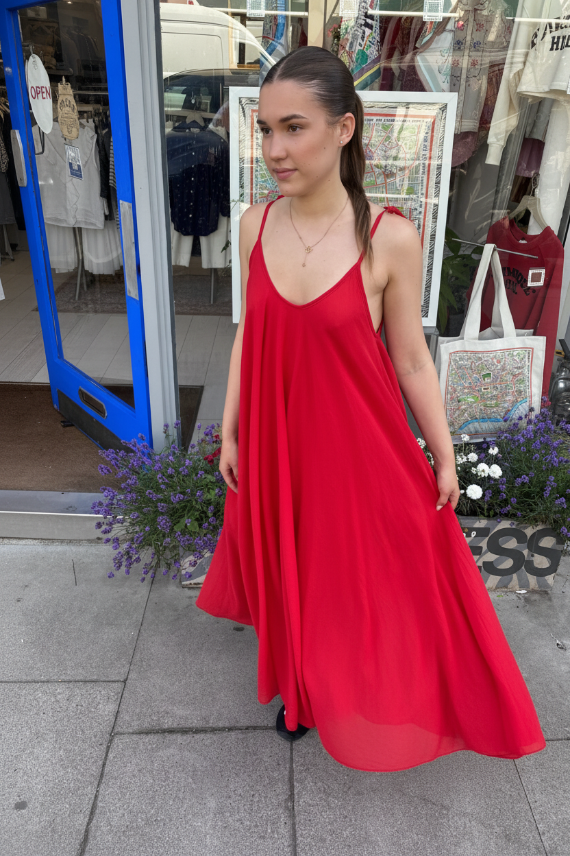 Red Strappy Italian Cotton Long Dress