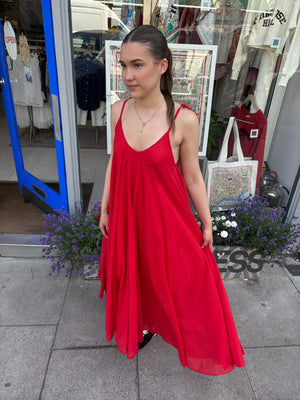 Red Strappy Italian Cotton Long Dress