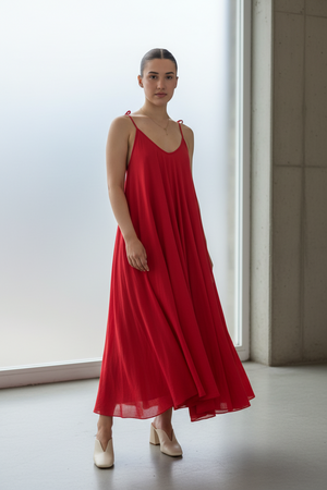 Red Strappy Italian Cotton Long Dress