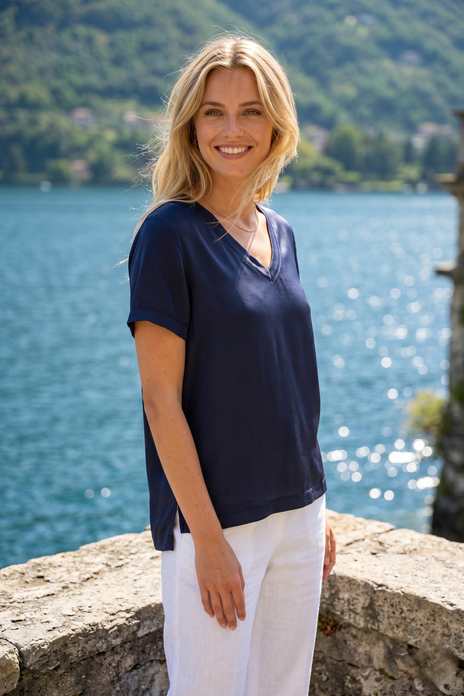 Navy Satin V-Neck Top - PRESS Primrose Hill