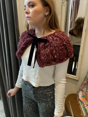 Burgundy-Fleck Hand-Knit Capelet
