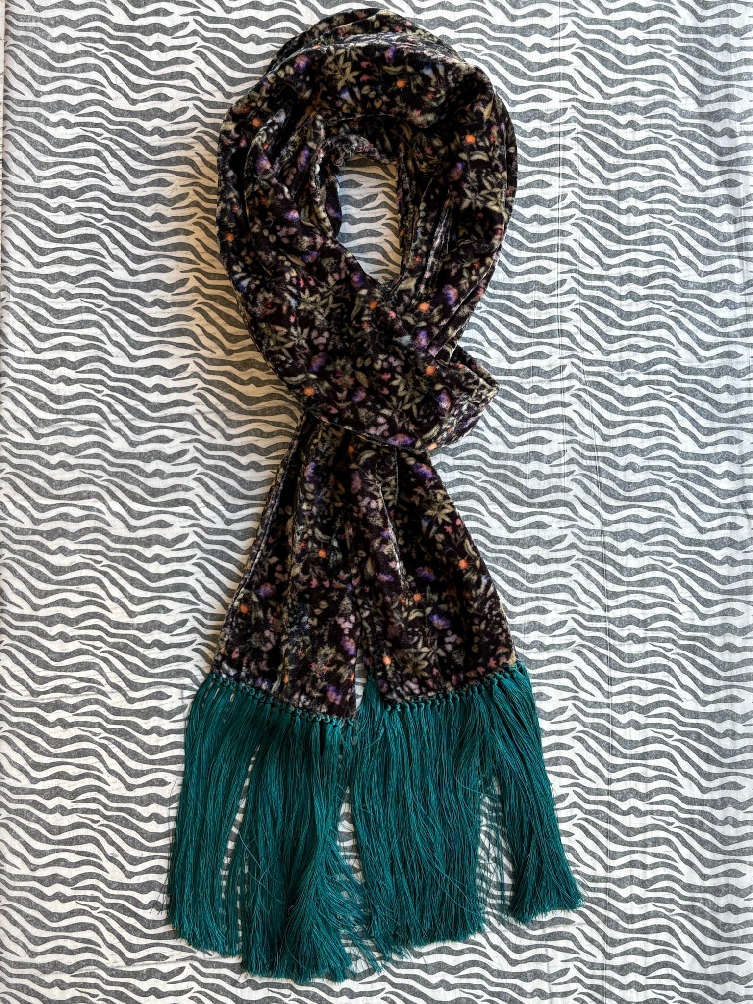 Alfie Botanical Silk Velvet Fringe Scarf