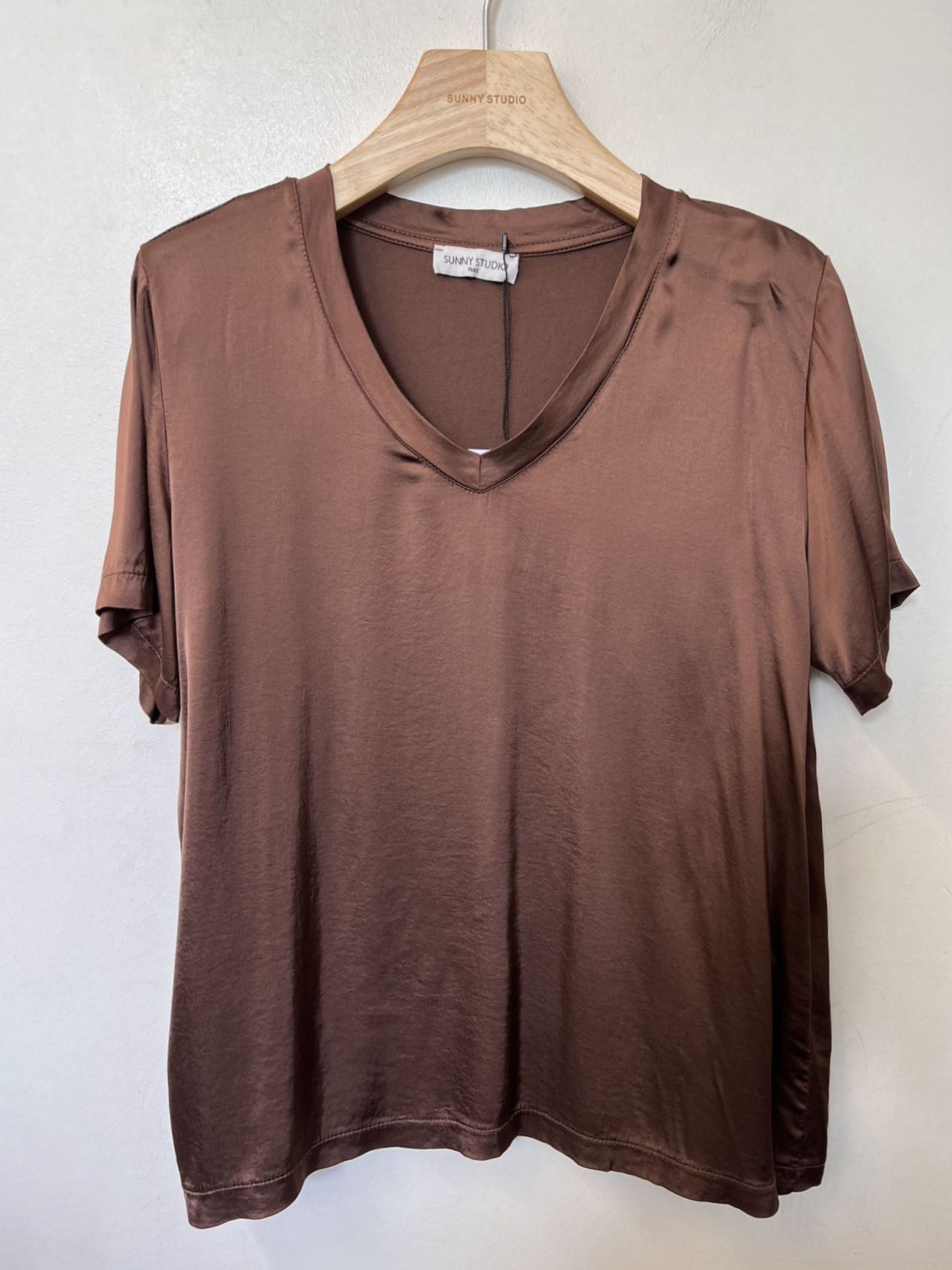 Brown Satin V-Neck Top