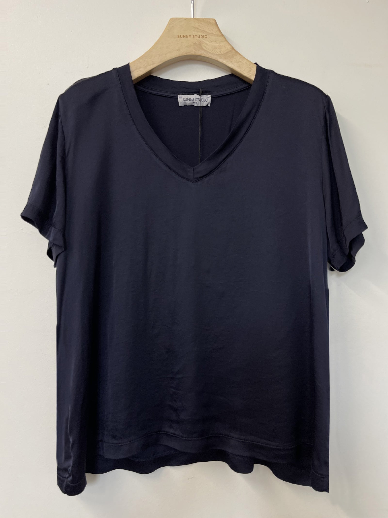 Navy Satin V-Neck Top