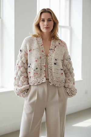 Bubble-Sleeve Hand-Knit Cardigan