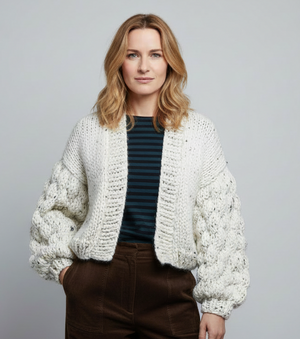 Bubble-Sleeve Hand-Knit Cardigan