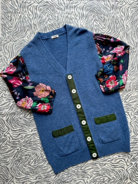 UPCYCLED blue lambswool cardigan with silk sleeves - PRESS Primrose Hill