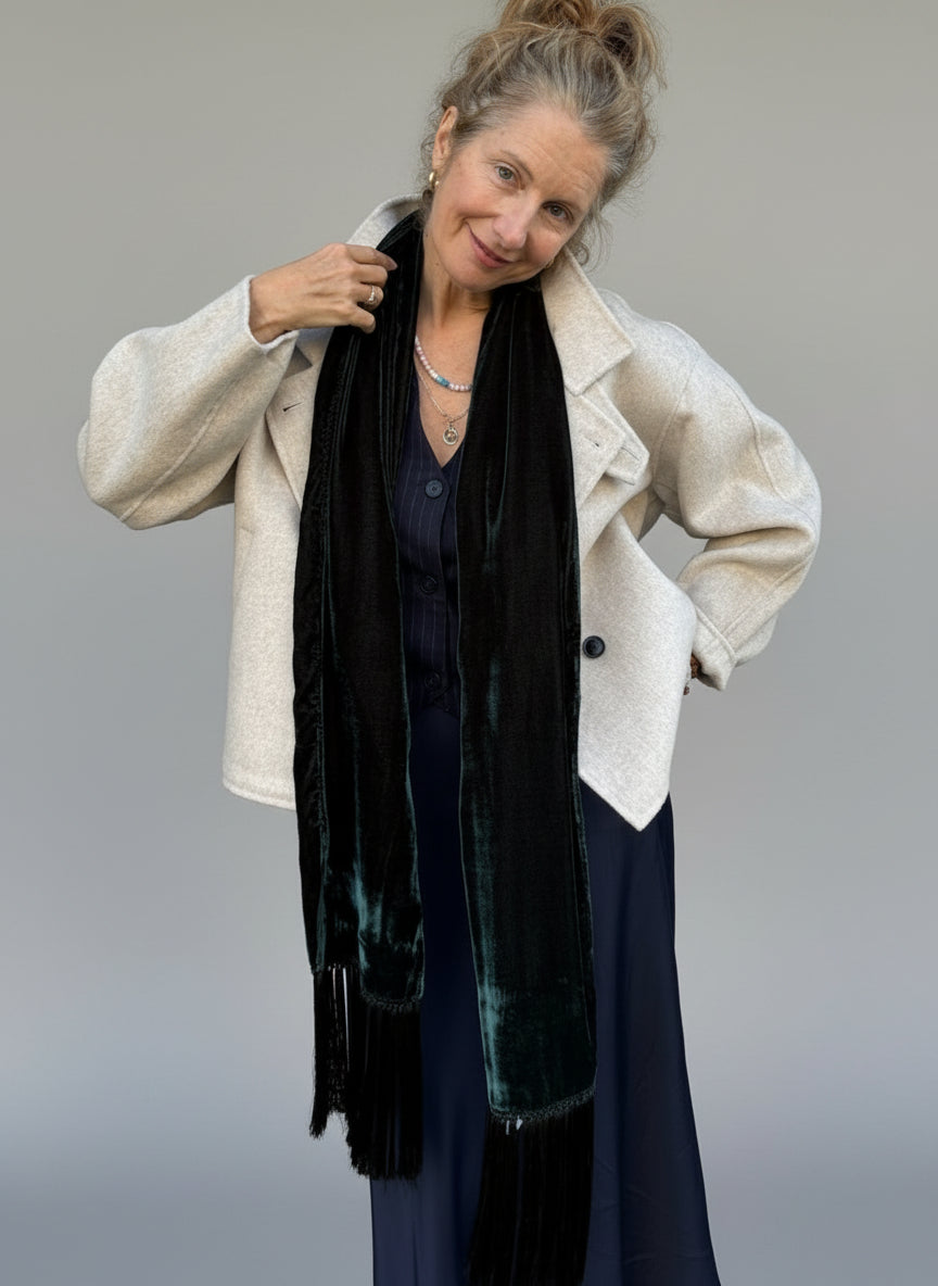 Alfie Green Silk Velvet Fringe Scarf