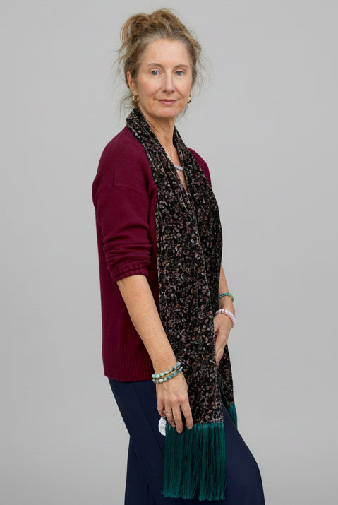 Alfie Botanical Silk Velvet Fringe Scarf