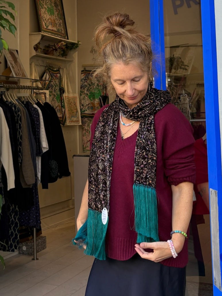 Alfie Botanical Silk Velvet Fringe Scarf