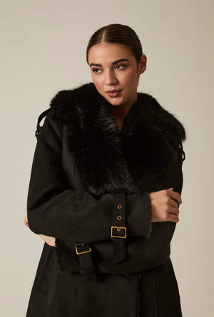 Black Faux Fur Military Suede Coat