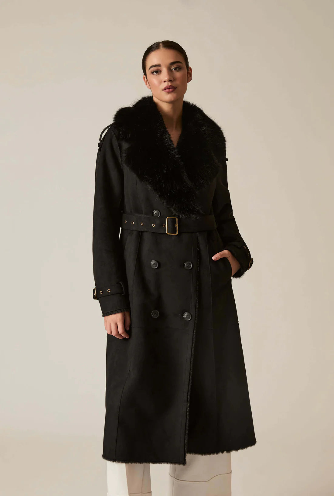 Black Faux Fur Military Suede Coat