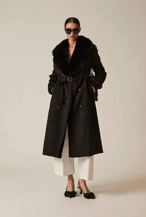 Black Faux Fur Military Suede Coat