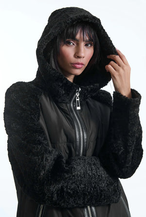 Hooded Black Faux Fur Coat