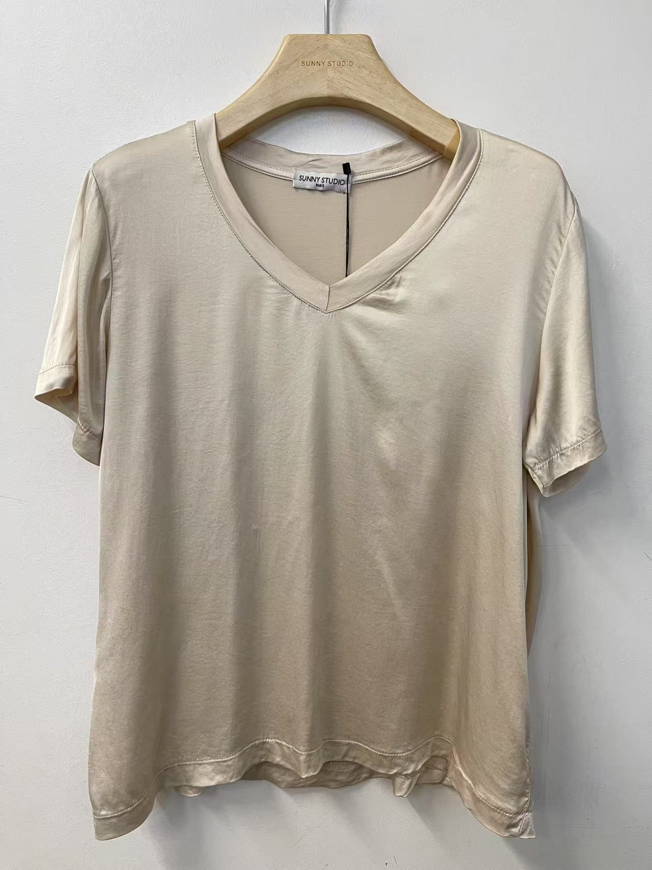 Beige Satin V-Neck Top - PRESS Primrose Hill