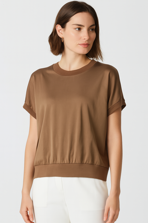 Ecru/Beige Satin Rib-Trim Tee