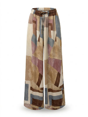 Beige Geo Printed Silky Pants