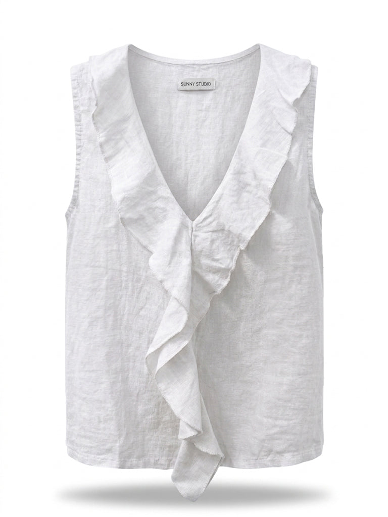 Sleeveless Linen Ruffle Top | White | Navy