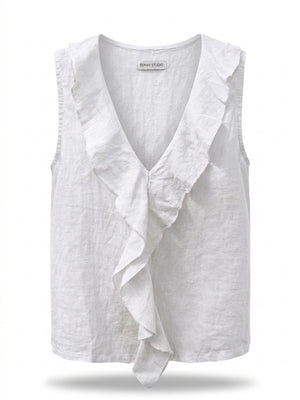 Sleeveless Linen Ruffle Top | White | Navy