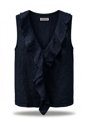 Sleeveless Linen Ruffle Top | White | Navy