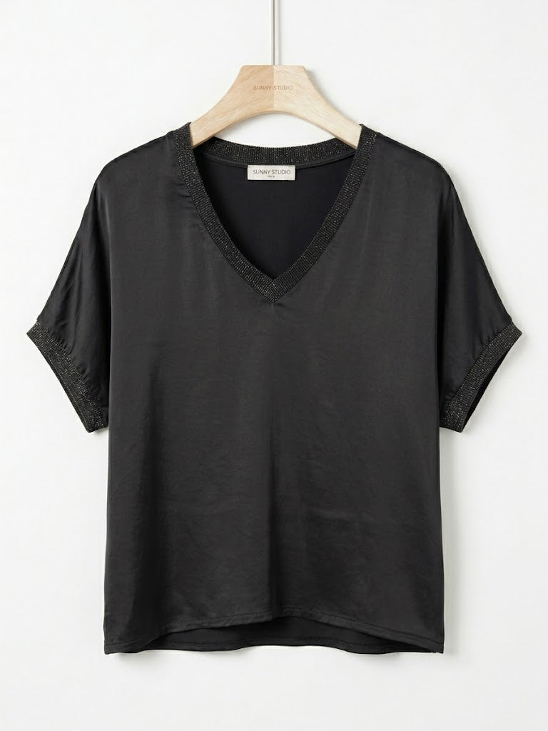 Metallic-Trim Black Satin V-Neck Top