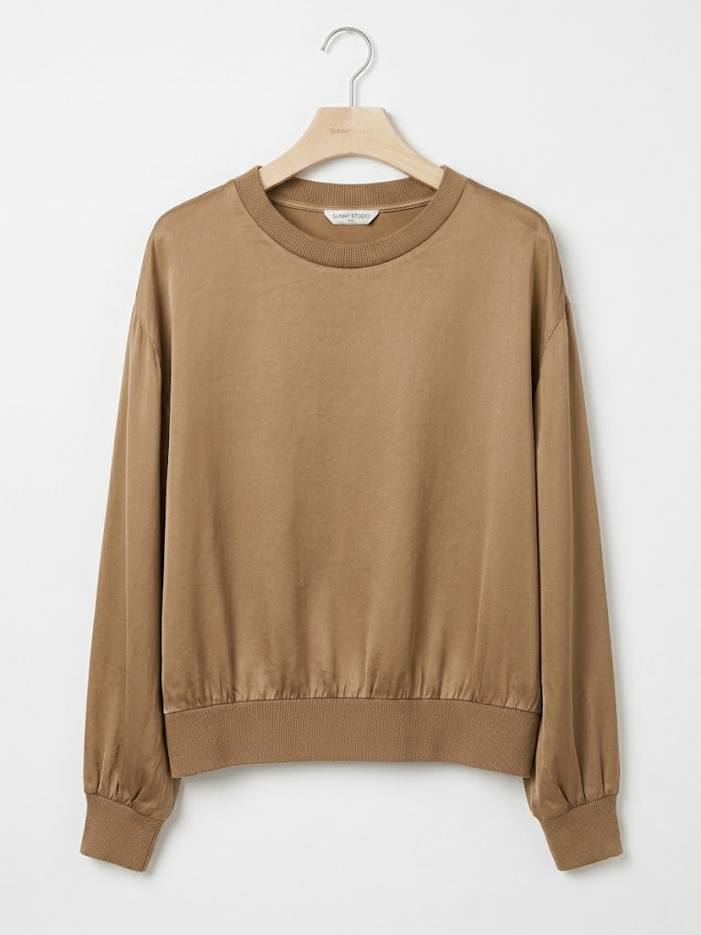 LONG SLEEVED Satin Rib-Trim Top | Caramel | Navy | Brown | Black