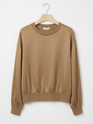 LONG SLEEVED Satin Rib-Trim Top | Caramel | Navy | Brown | Black